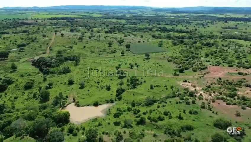 Vista aérea de terreno rural com vegetação e lagoa