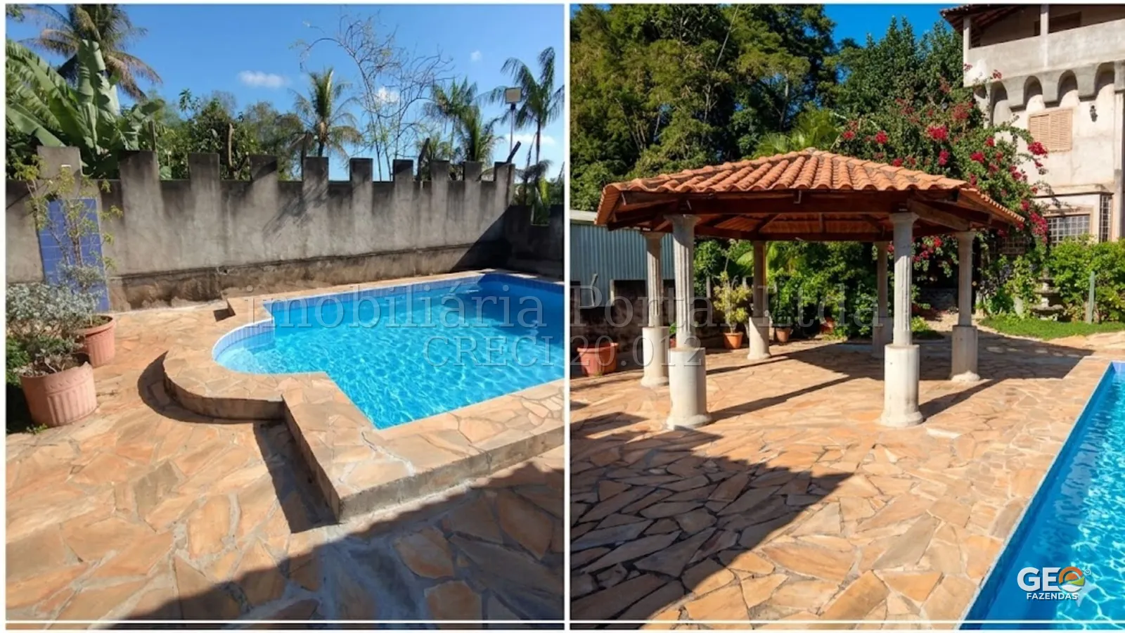 Área de lazer com piscina e gazebo em fazenda