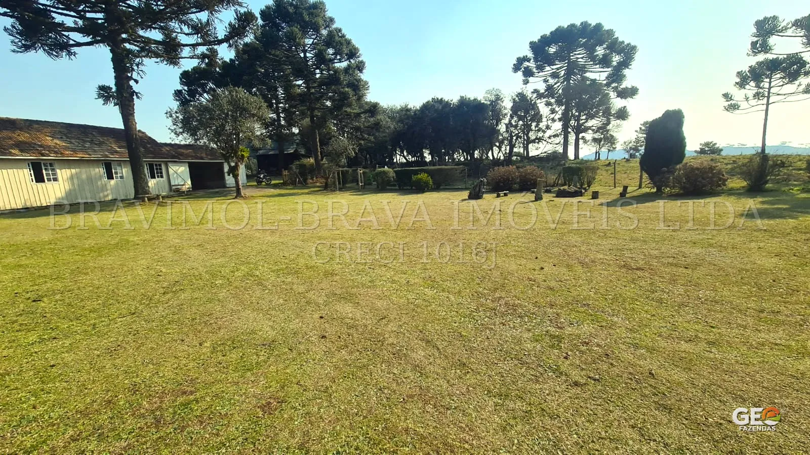 Área gramada com casa e árvores em propriedade rural