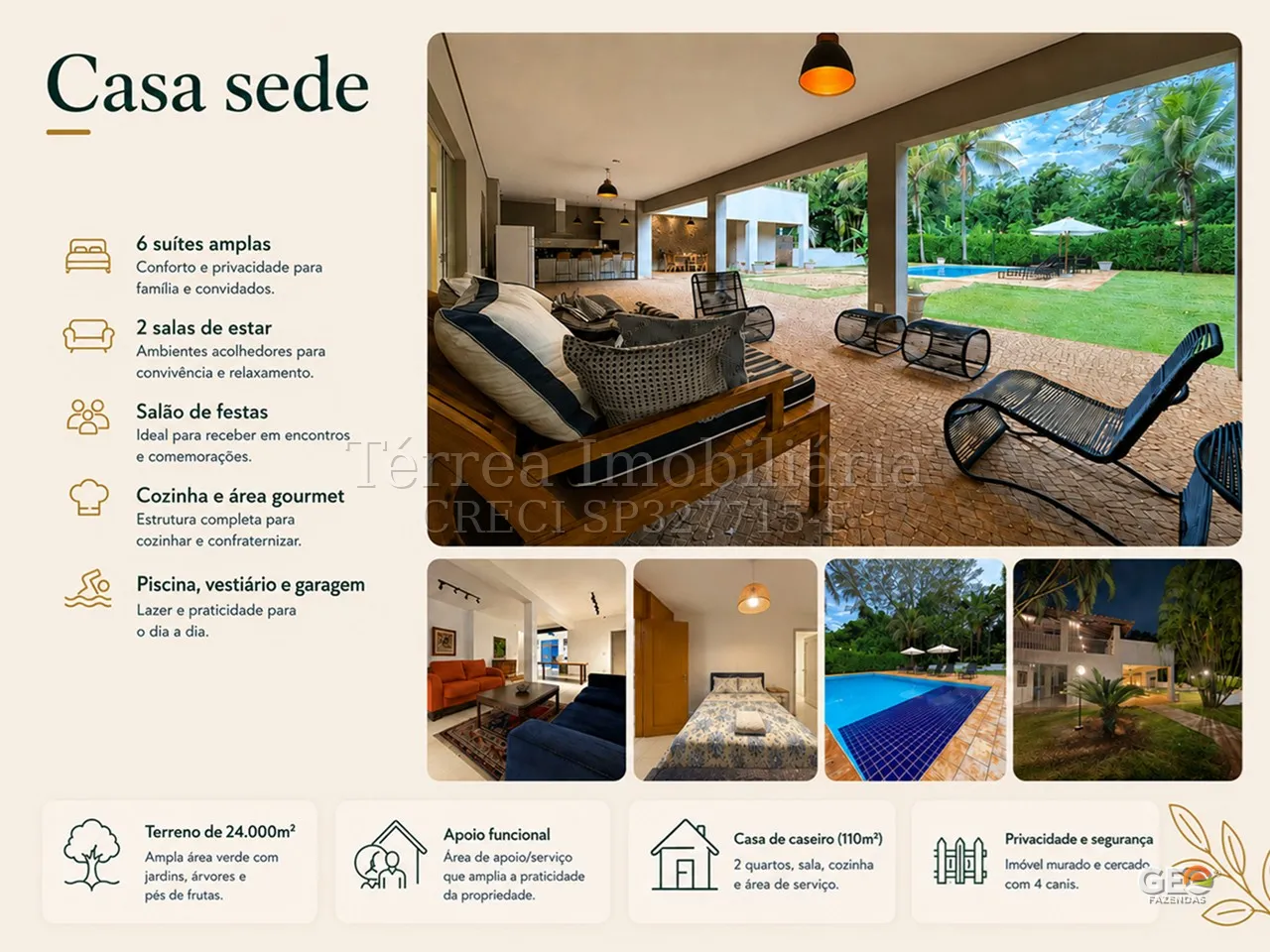 Área externa e interna da casa sede com piscina