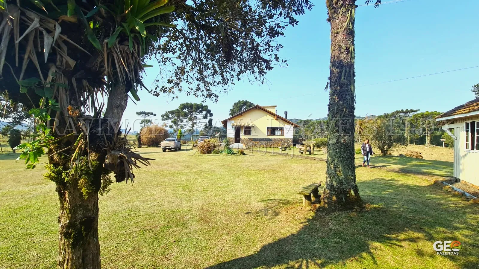 Casa em área rural com árvores e gramado