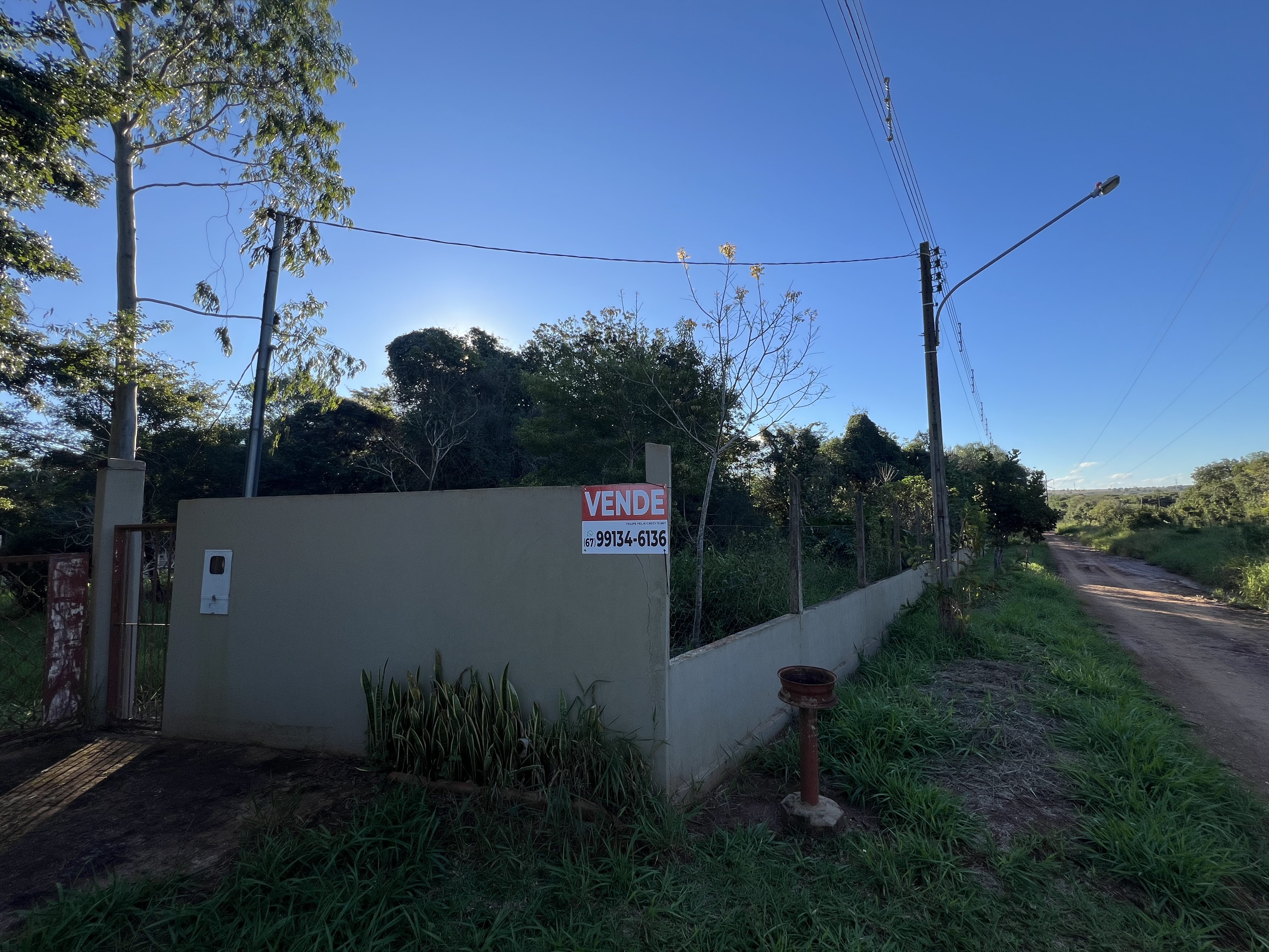 Terreno rural com placa de venda e vegetação